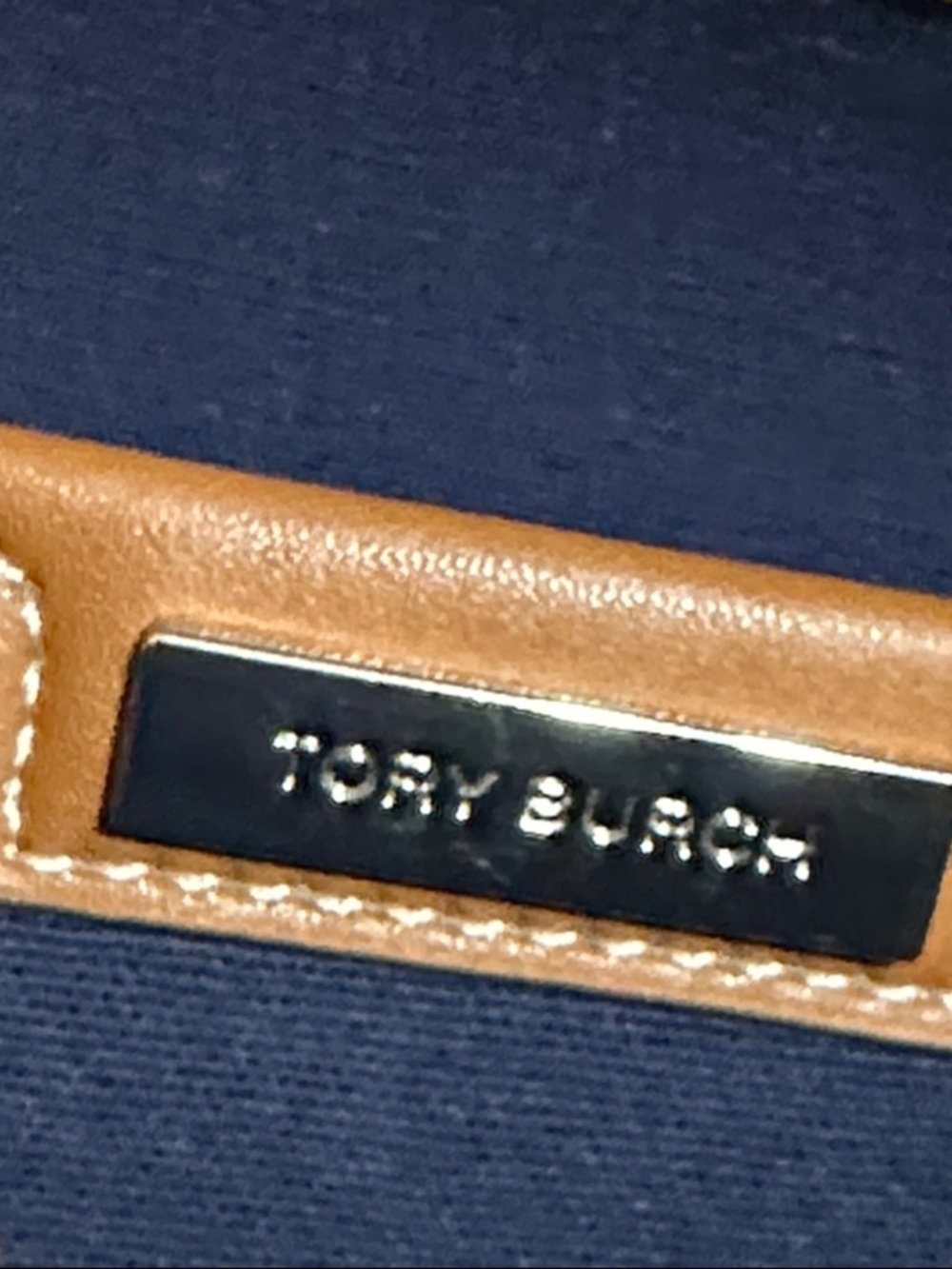Tory Burch Navy Canvas 2-Way Bag with Tan Leather Trim - Picture 15 of 16